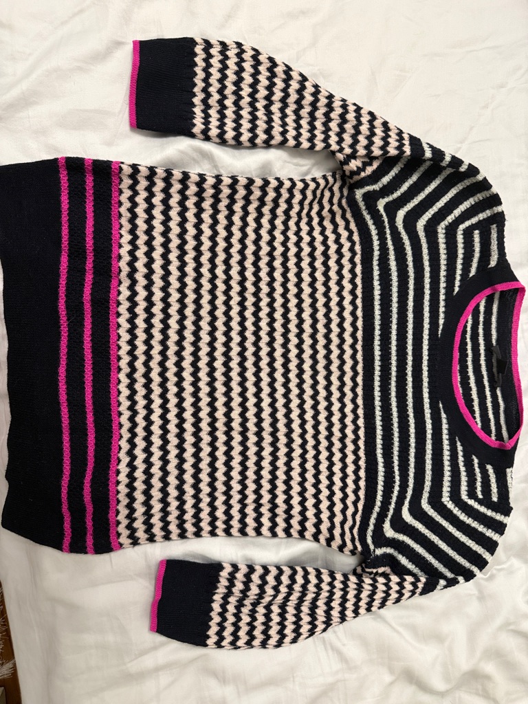 J. Crew Black, Pink & Cream Striped Chevron Crewneck Sweater